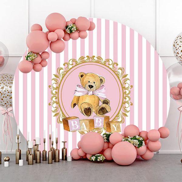 Renaiss 5ft Bear Baby Shower Round Backdrop for Girls Pink White Stripes Photography Background Kids Birthday Party Decoration Cake Table Banner Polyester Photo Studio Props 1