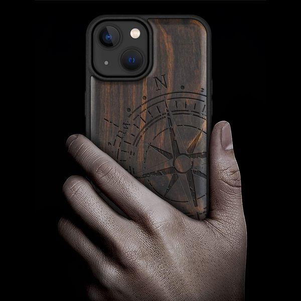 Carveit Magnetic Wood Case for iPhone 14 Case [Hard Real Wood & Soft TPU] Shockproof Hybrid Protective Cover Unique & Classy Wooden Case Compatible with MagSafe (Vintage Compass-Blackwood) 1