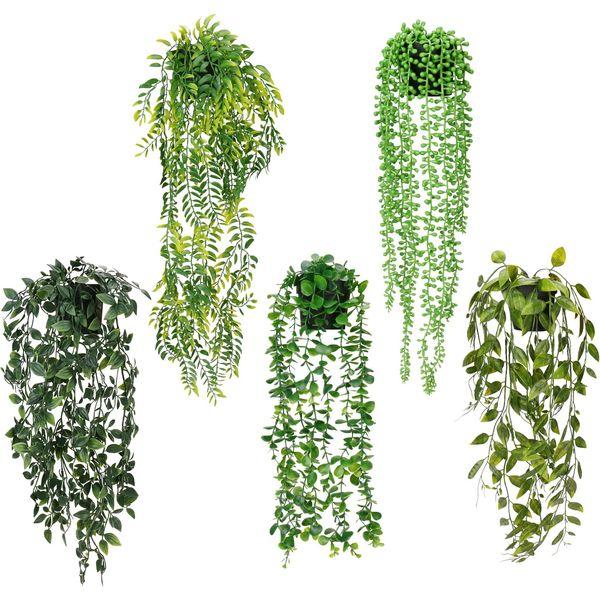 UNIMEIX Artificial Hanging Plants 5 Pack Fake Plants Indoor Faux Plant Fake Potted Greenery for Home Room Indoor Outdoor Shelf Decor