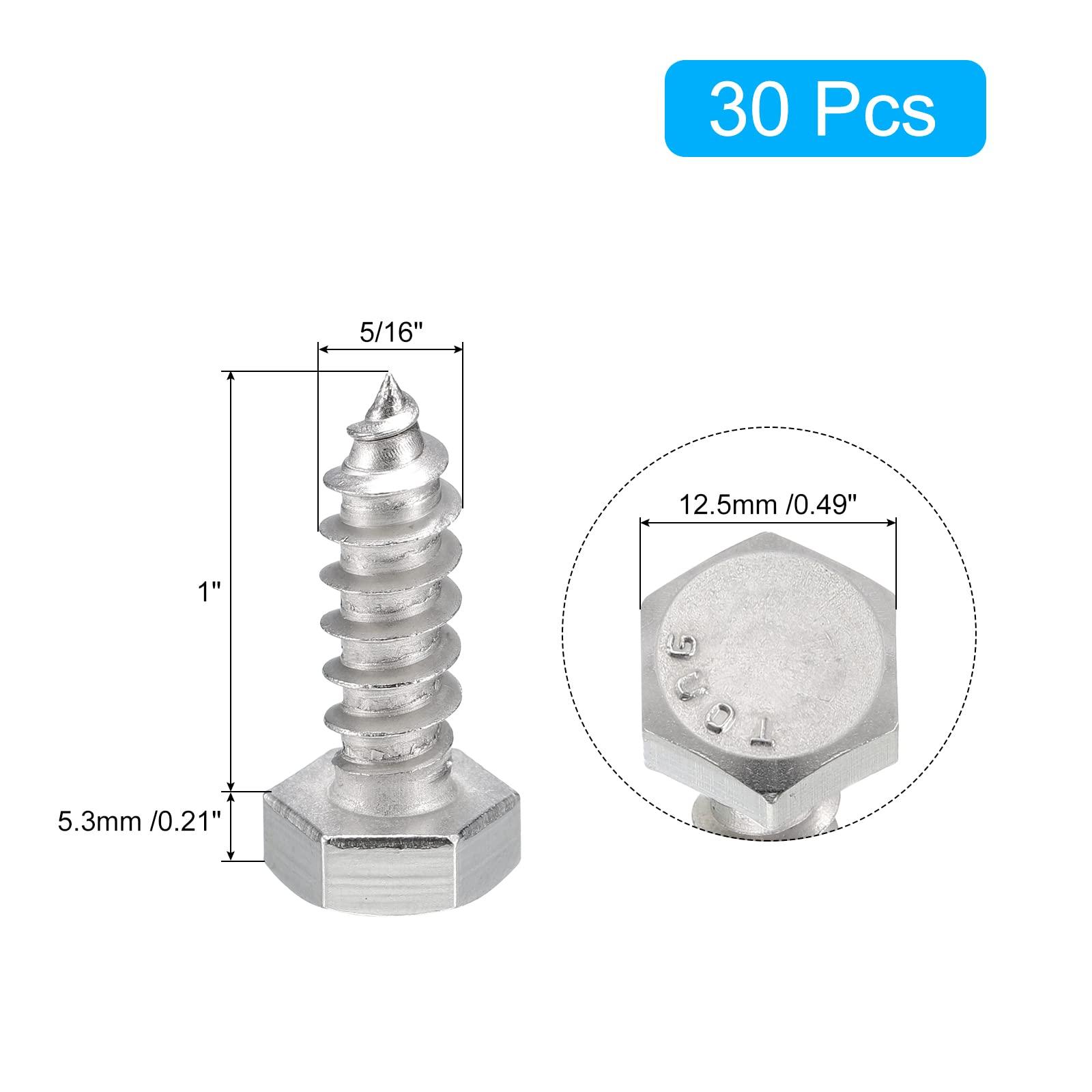 sourcing map Hex Head Lag Screws Bolts, 30pcs 5/16" x 1" 304 Stainless Steel Partial Thread Wood Screws 1