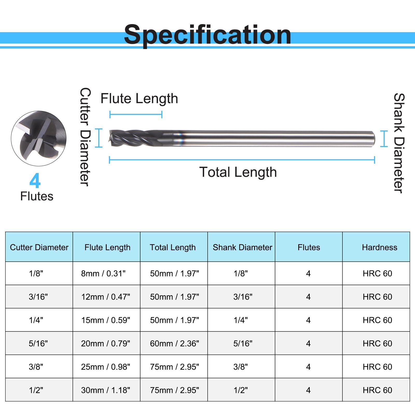 sourcing map 4pcs Square End Mills 1/8" Cutting Dia HRC 60 4 Flutes AlTiN Coating Tungsten Steel Carbide Mill Bit for Hardened Steels 1