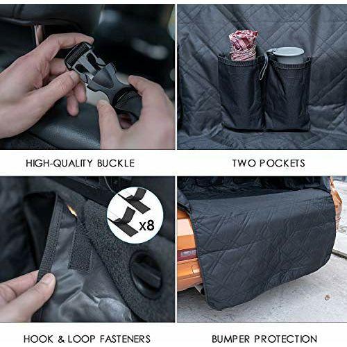 Looxmeer Car Boot Liner, Dog Boot Cover with Bumper Protection and Side Protection, Multi-layer Dog Blanket with 4 Storage Bags and 1 Collapsible Dog Bowl, Waterproof & Non-Slip for Car Van SUV, Black 4