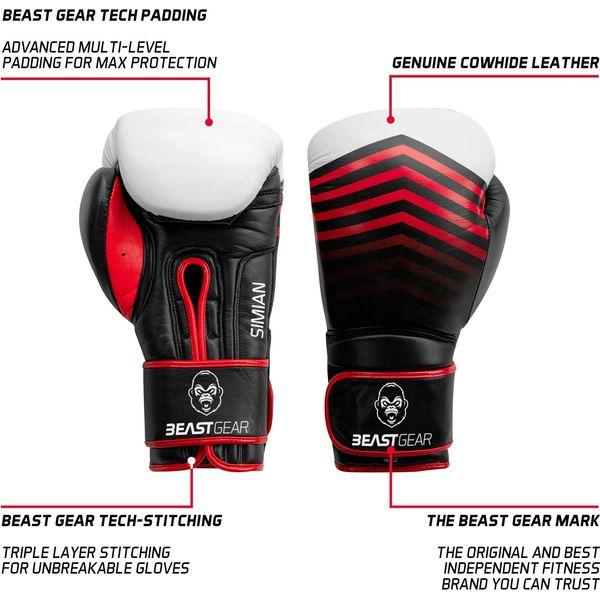 Beast Gear Boxing Gloves - Simian Model Genuine Cowhide Leather Training Gloves - For Punch Bag, Pads, Sparring (strap, 10 oz) 1