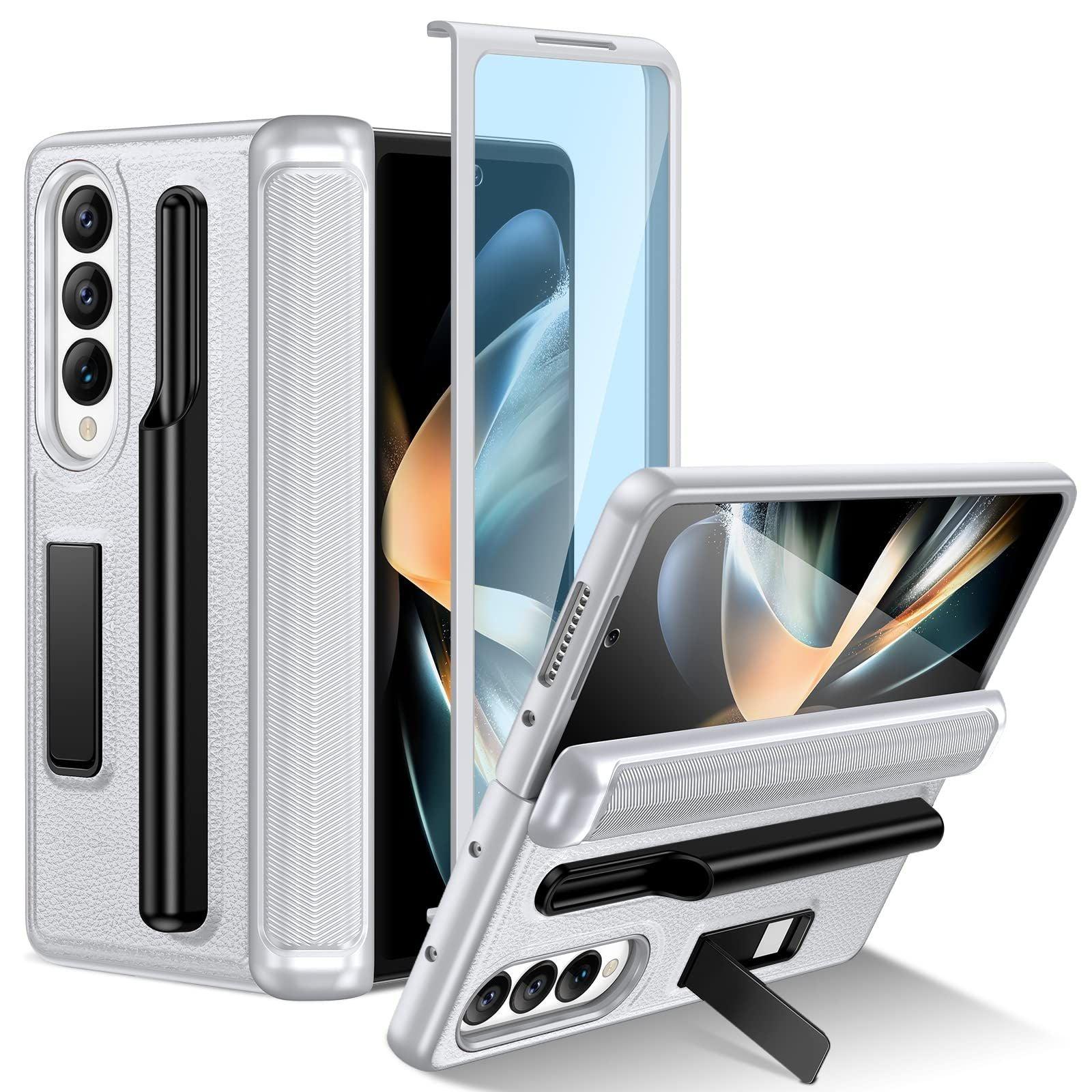 HWeggo for Samsung Galaxy Z Fold 4 Case with S Pen Holder and Kickstand,Samsung Z Fold 4 Case with Front Screen Protector,Hard PC Shockproof Anti-Scratch Hinge Coverage Protective Cover(Sliver)
