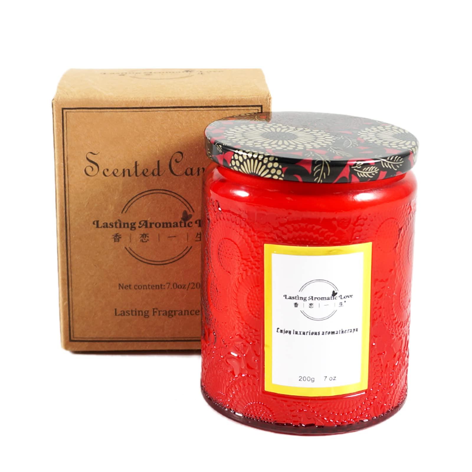 Soulnioi Embossed Red Glass Jar Candle Natural Soy Wax Candles Aromatherapy Candles Rose & Leather Scent | Up to 40 Hours Burn Time |, with Strawberry Crystal Ring and Agate Bullet Pendant Necklace 2