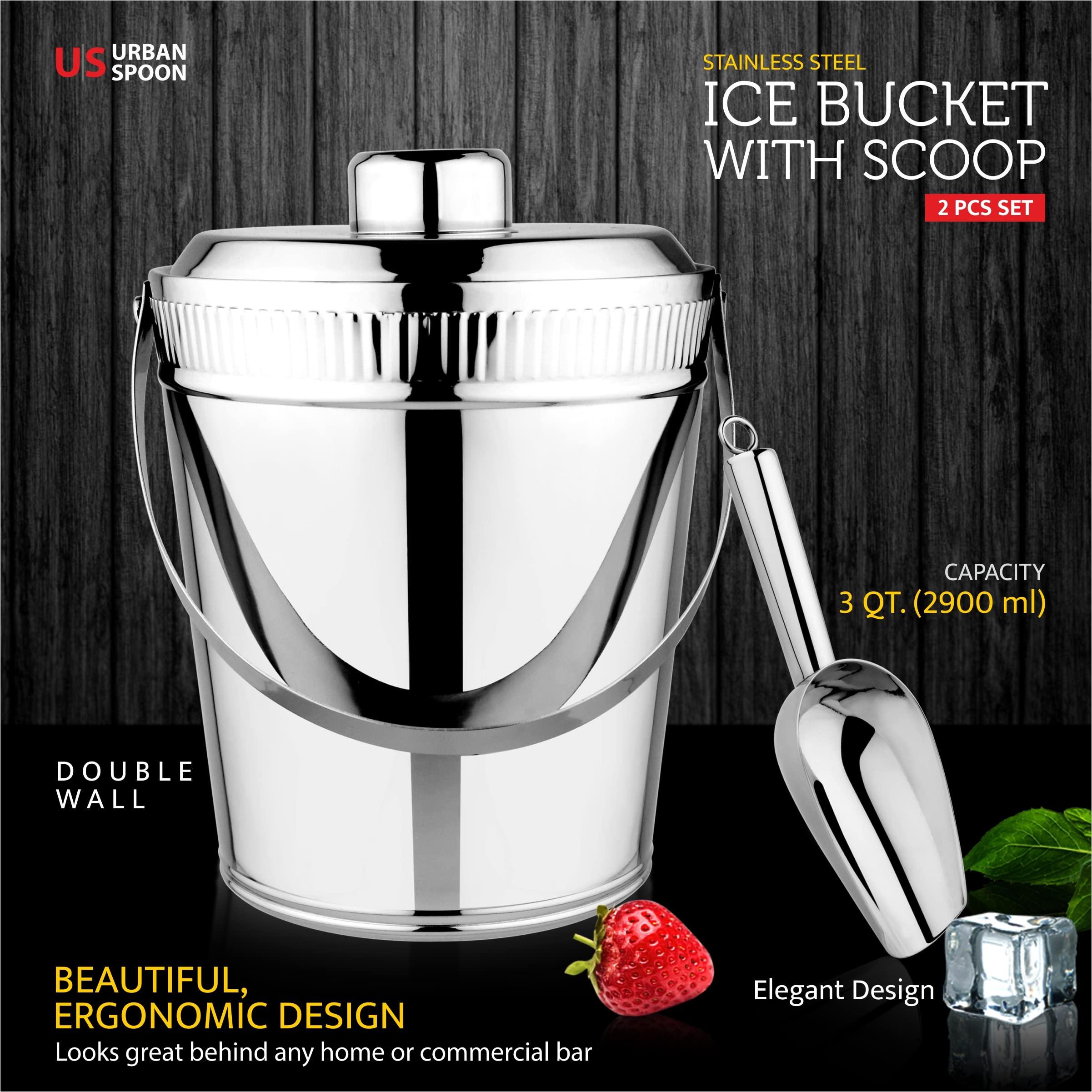 URBAN SPOON Double Wall Ice Bucket with Lid, Stainless Steel Ice Scoop Keeps Ice Cold & Dry, Comfortable Carry Handle, Home Bar Set, Chilling Beer, Champagne and Wine, 3 Quart 1