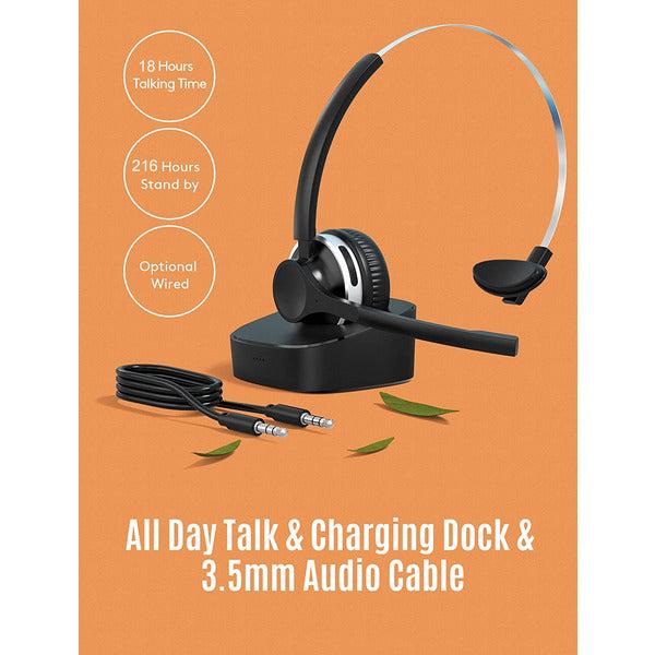 Bluetooth Headset with Dual Mic, Wireless Trucker Headsets with Charging Base, 18hrs Talktime w/Comfort, CVC 8.0 Noise Cancelling, Lightweight Bluetooth Headset for Driver/Call Center(Wired Option) 4