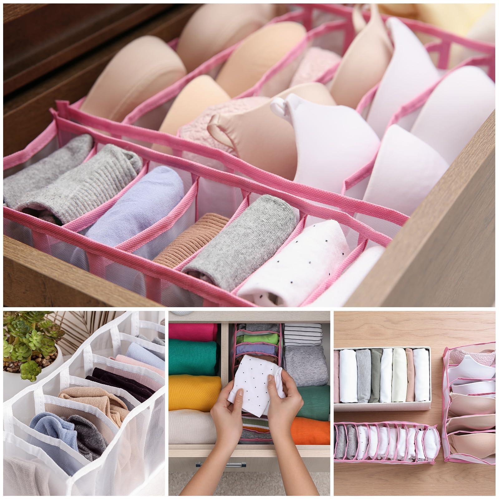 sourcing map Underwear Drawer Organizers 4pcs, 6/7/11 Grids Foldable Closet Organizer Mesh Clothes Storage Bins for Bra Socks Underpants, White 3