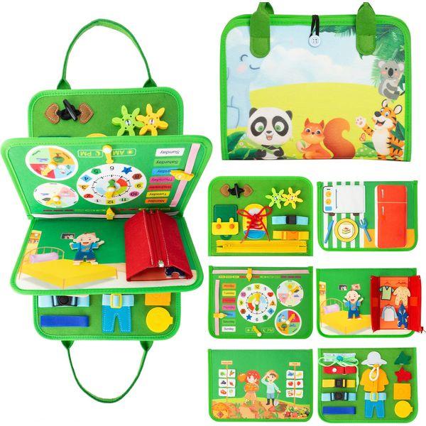 ACDAY Activity board for 1 year old, 25 in 1 Montessori Busy Board Toys for 2 3 4 Years Toddlers Baby Quiet Book Sensory Board Autism Educational Preschool Learning Life Travel Toys Gift Girls (Green)