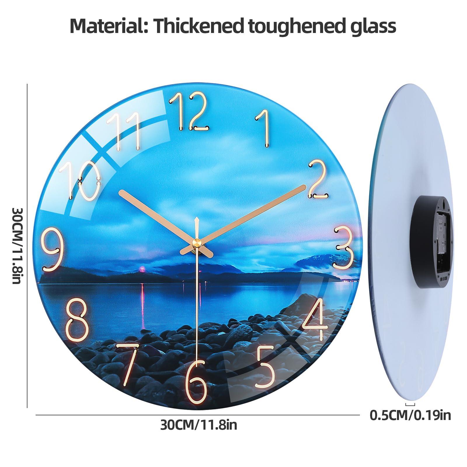 Warmiehomy Modern Glass Wall Clock 12 Inch Kitchen Wall Clocks Seaside Reef Pattern Decorative Wall Clocks for Living Room Battery Operated Silent Small Frameless Wall Clock for Bedroom Home Decor 1