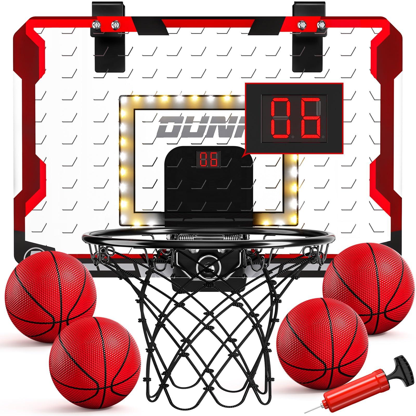 TEMI Basketball Hoop Indoor, LED Light Mini Basketball Hoop with 4 Balls & Electronic Scoreboard, Over The Door Basketball Hoop, Basketball Gifts for 5 6 7 8 9 10 11 12 Year Old Boys Girls Kids Teen 0