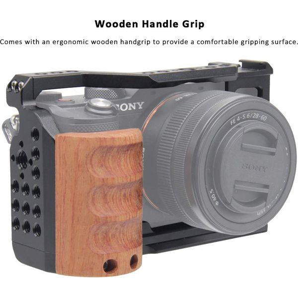 Easy Hood Camera Cage for Sony A7C / ILCE-7C, Vlogging Video Rig Stabilizer Accessories with Wooden Handle Grip, Cold Shoe, 1/4" Mounting Points and 3/8" Locating Hole 3