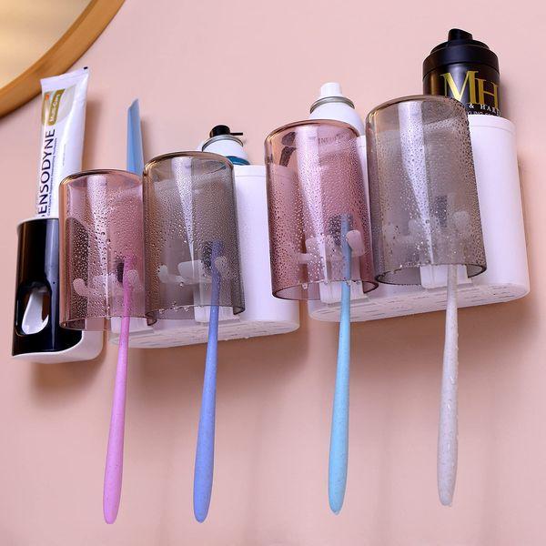 QiCheng&LYS Toothbrush Holder Automatic Toothpaste Dispenser Easy to Install with 4 Cups, 8 Dust-Proof Toothbrush Slots,4 Cosmetic Storage Areas (New 4cup+1) 3