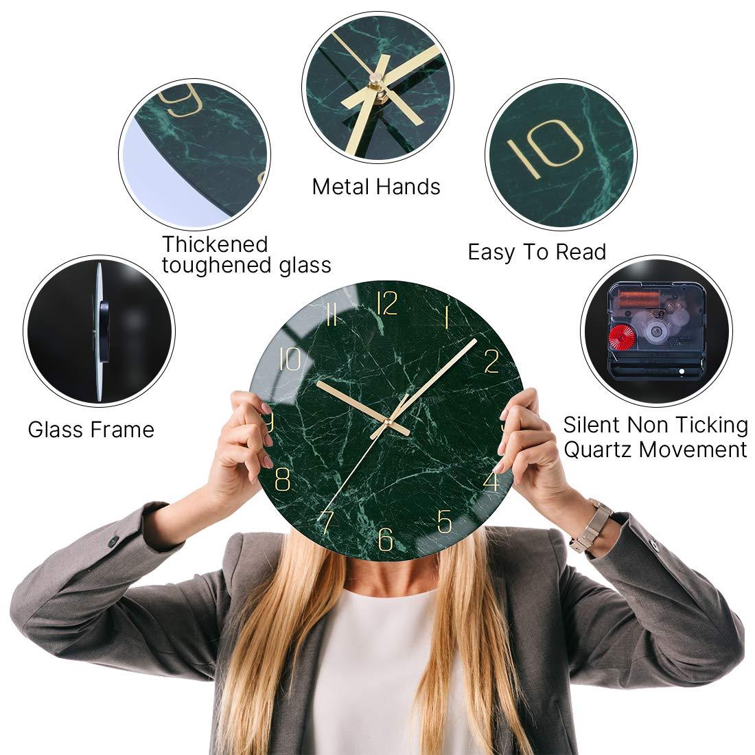 VIKMARI Glass Wall Clock 12 Inch Decorative Green Marble Clocks Silent Non Ticking Battery Operated Wall Clocks for Home Office School Decor 4