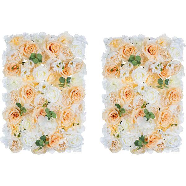 NUPTIO Flower Wall Panel for Flower Wall Backdrop, 2 Pcs 60cm X 40cm Chamapagne & White Faux Roses Artificial Flower Backdrop for Flower Wall Decor, Party Wedding Baby Shower Decor