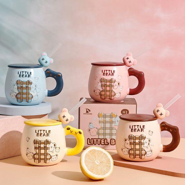 SHENDONG Cute Bear Mug Set of 4 Bear Ceramic Coffee Cups with Kawaii Bear Lid and Straw Novelty Morning Tea Milk Mug Set for Girls Women Bear Lovers Christmas Birthday Gift Mug Japanese Style 500ML 1