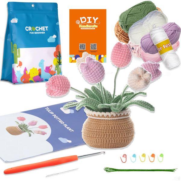 MISUMOR Crochet Kit for Beginners, Potted Plants Flower, Crochet Kit for Starter Complete Adults with Crochet Accessories Step-by-Step Instructions and Video Tutorials