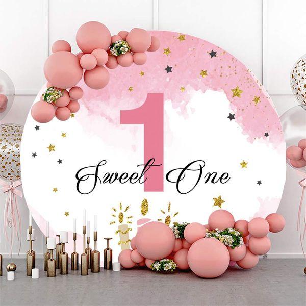 Renaiss 6.5ft Girls 1st Birthday Round Backdrop Candle Stars Pink Polyester Photography Background Baby Shower Birthday Party Decoration Cake Table Banner Photo Studio Props 1