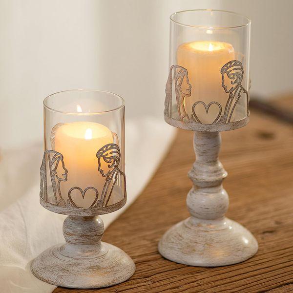 Sziqiqi Vintage Pillar Candle Holders for Wedding Table Centrepieces - Glass Hurricane Candle Holders White Metal Candlestick Gifts for Bride Groom Couples Engagement Wedding Bridal Showers Decor 0
