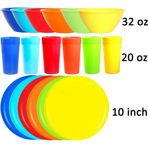 Youngever 18 Piece Re-usable Plastic Kitchen Dinnerware Set, Plates, Dishes, Bowls, Cups, Service for 6 in Assorted Colors (Rainbow) 2