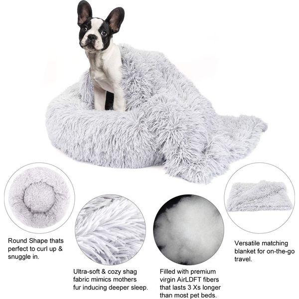 Belababy Dog Cat Donut Bed with Soft Blanket, Calming Dog Cat Bed Medium with Soft Plush, Puppy Bed Dog Beds with Fluffy Cuddler, Anti Anxiety Dog Bed with Anti-Slip Bottom (L, Light Grey) 1