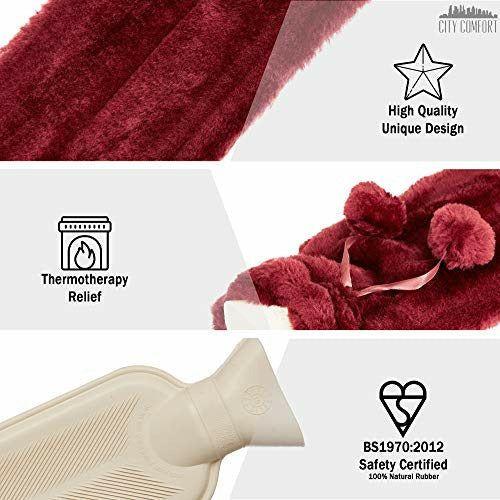 Extra Long Hot Water Bottle with Super Soft Cover Faux Fur Thermotherapy 2L 72cm Pure Natural Rubber (Red) 4