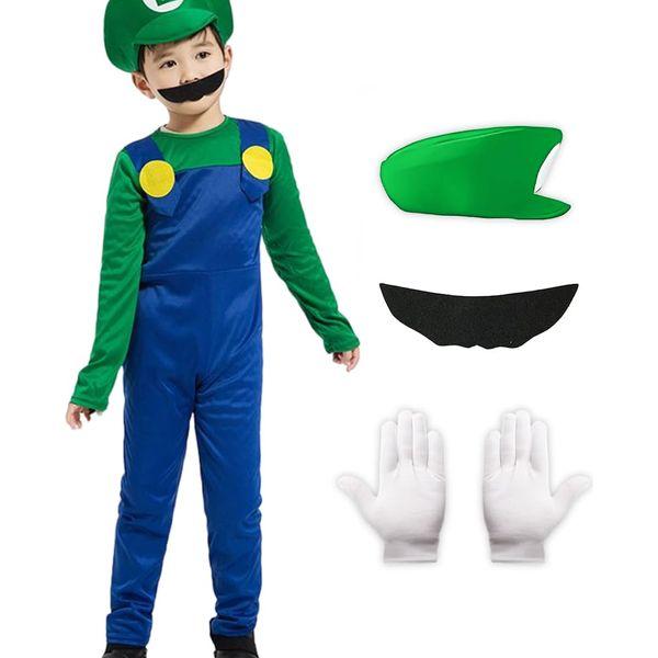 Partymall Mario Bros Costume for Adult/Kids with Bodysuit, Mario Cap, Beard, and Gloves, Mario and Luigi Plumber Fancy Costume Outfit for Boy Girl Halloween Cosplay Carnival (Type-D/G, S) 0