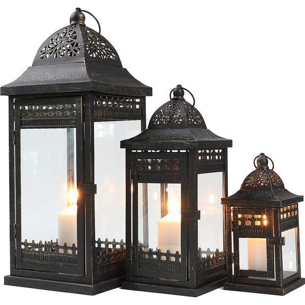 JHY DESIGN Candle Holders Set of 3 Decorative Candle Lanterns 51&37 &24 cm High Vintage Style Hanging Lantern Metal Candleholder for Indoor Outdoor Events Parities and Weddings(Black with Gold Brush)