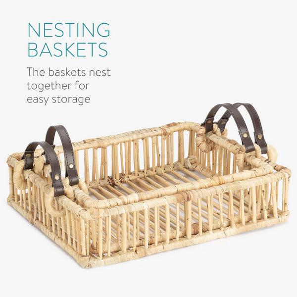 Navaris Basket Trays with Handles (Set of 2) - Willow Tray Set with PU Leather Handles - Includes Large Tray 37x31x8.5 cm and Small Tray 32x26x8.5 cm 3