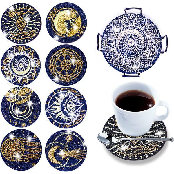 8 Pcs Diamond Painting Coasters with Holder,DIY Diamond Art Crafts for Adults, Small Diamond Painting Kits Accessories (Abstract Black)