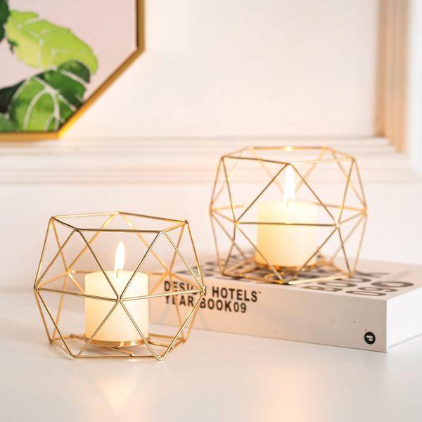 Romadedi Candle Holders Gold Geometric Decor - Tealight Holder for Tea Lights Decorative Candle Stand Accents for Home Table Shelf Mantel Modern Geo Decoration, Wedding Reception Décor, Gold, 6pcs 2