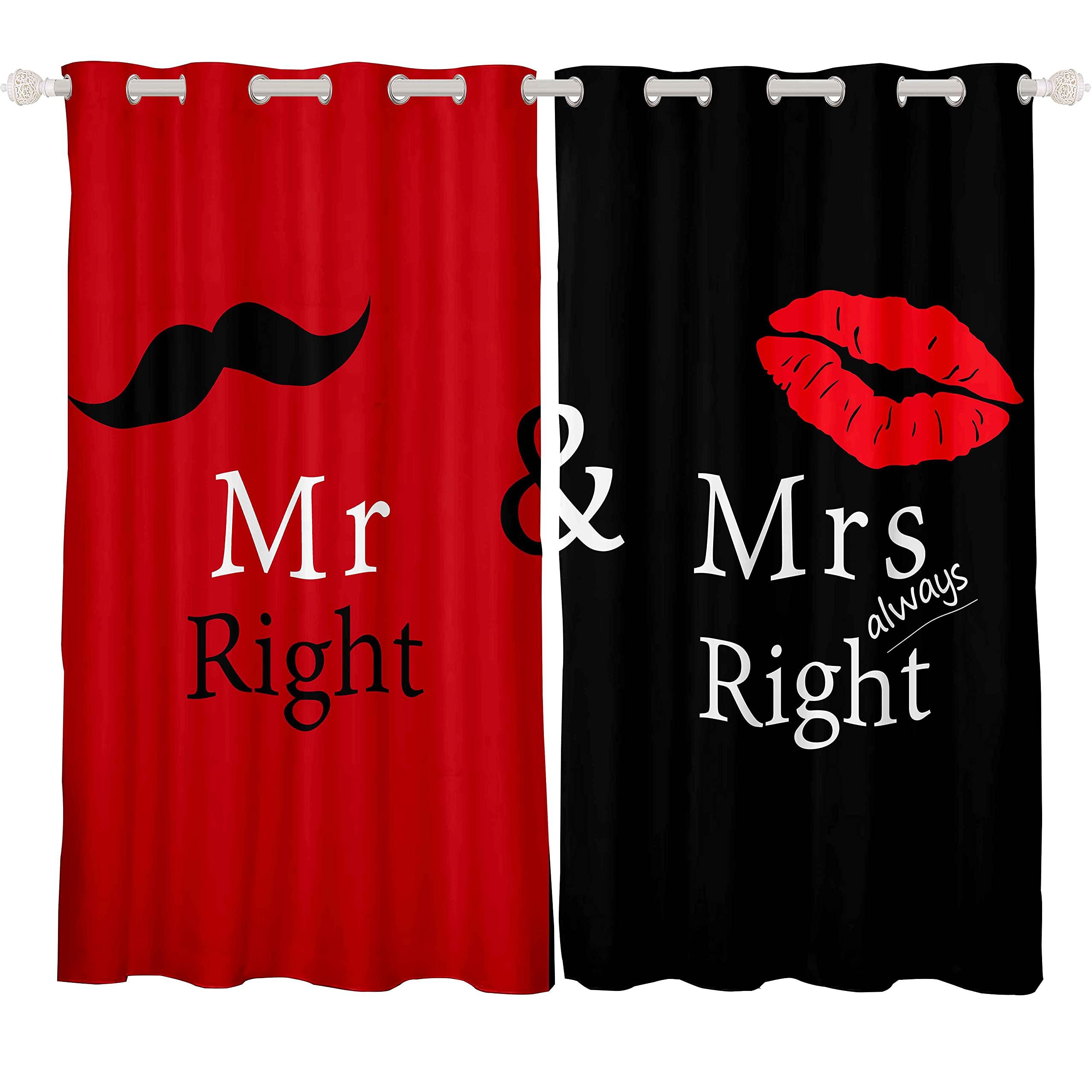 Mr Mrs Curtain Black Red Creative Window Curtain Love Man Mustache Woman Lip Romance Curtain Funny White Quote For Boys Girls Lover Couple Valentine Day for Bedroom Living Room W46*L54 1