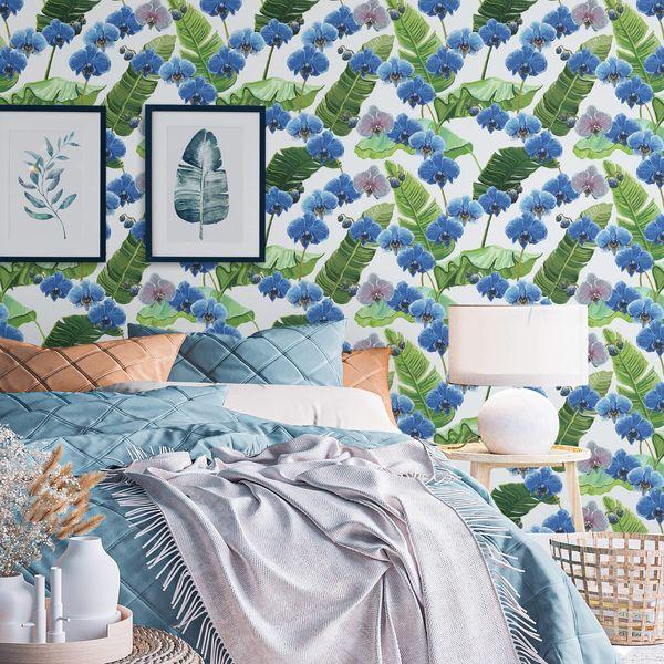 VaryPaper Phalaenopsis Floral Wallpaper Paste 44.5cmx800cm Blue Flower Contact Paper Removable Paste the Wall Wallpaper Self Adhesive Vinyl Wrap for Kitchen Countertops Living Room Furniture Wall Deco 1
