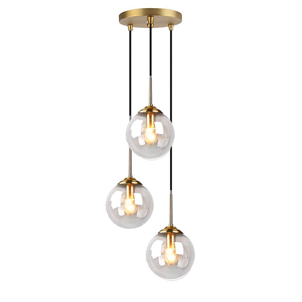 HJXDtech Industrial Vintage 3 Way Pendant Light Cluster Glass Globe Chandelier Brass Metal Ceiling Hanging Lamp Kitchen Dining Room Indoor Lighting Fixture (Clear Ball)