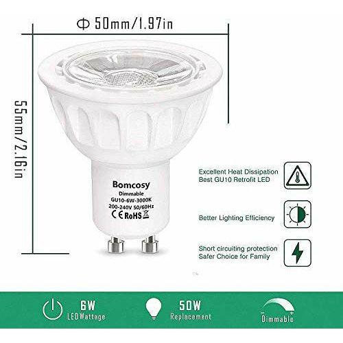 Bomcosy Dimmable GU10 LED Bulbs, Daylight White 6000K, 6W Replacement for 50W Halogen Bulb, 540 Lumens, 50mm, 35 Degree Beam Angle, Pack of 10 1