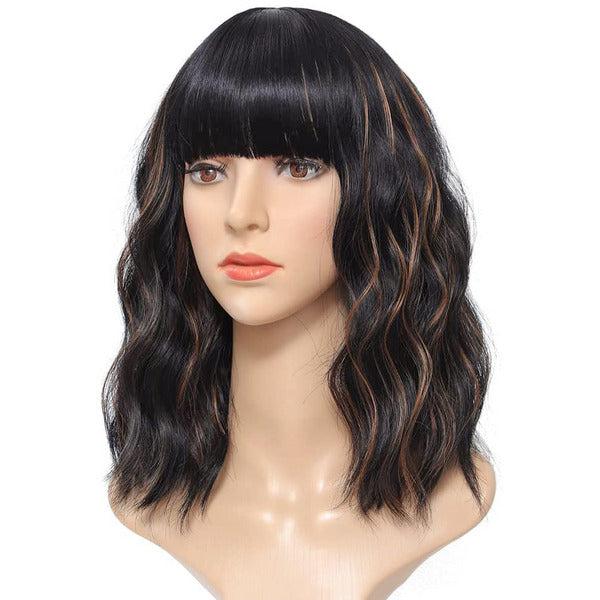 ColorfulPanda Short Bob Wigs for Women Black mixed Brown Highlight Curly Wavy Wigs with Bangs Natural Heat Resistant Fiber for Daily Use and Cosplay 14" 1