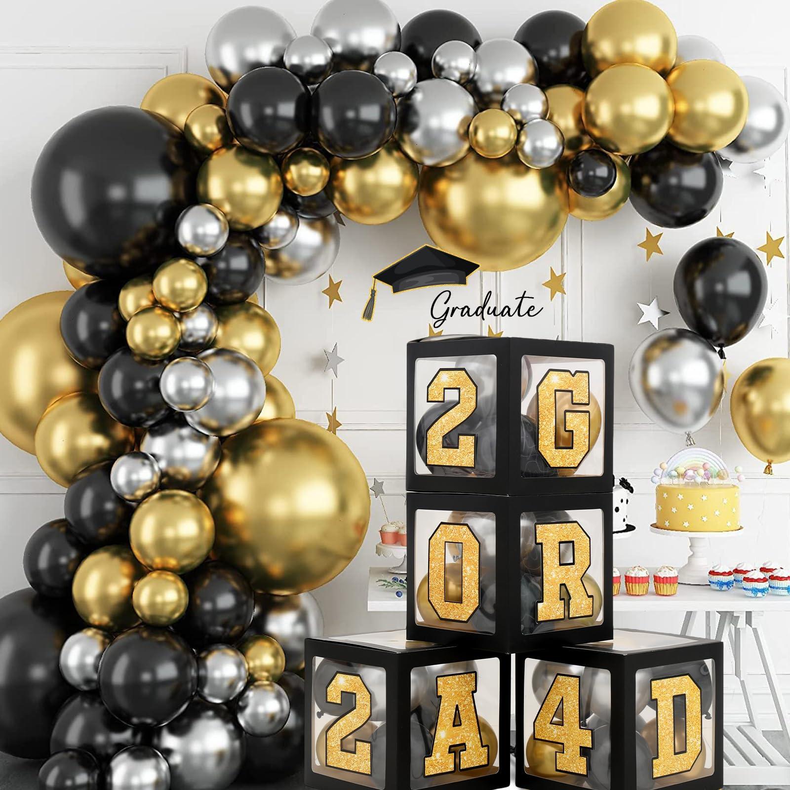 2024 Graduation Decorations Balloon Boxes - Black Gold Graduation Party Decorations Class Of 2024, 4pcs Balloons Box With Grad, 2024,Perfect For Graduation Prom Decorations Leavers 2024 Decorations 3