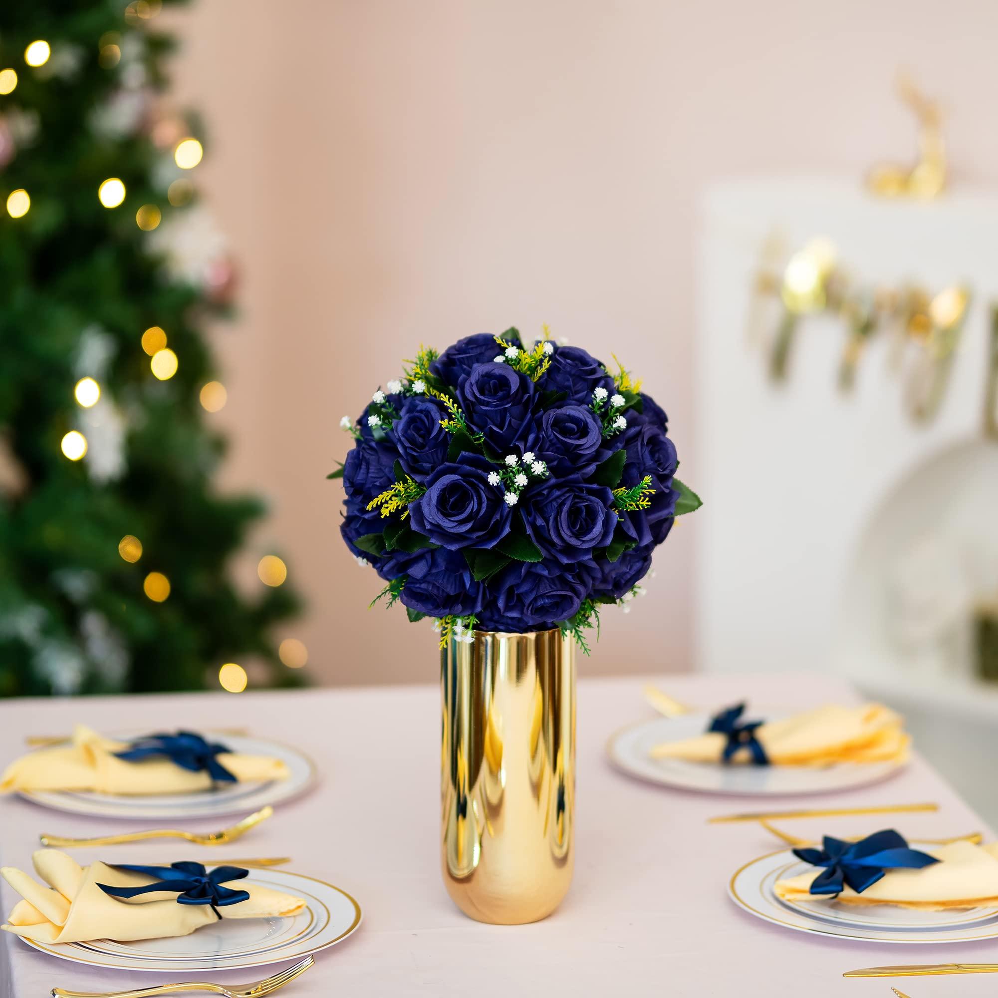 BLOSMON Flower Centerpieces for Tables Wedding 10 Pcs Navy Blue Fake Flowers Rose Arrangement Bouquet Floral Centerpiece Balls Artificial Wedding Center Pieces of Valentines Day Home Party Decor 2