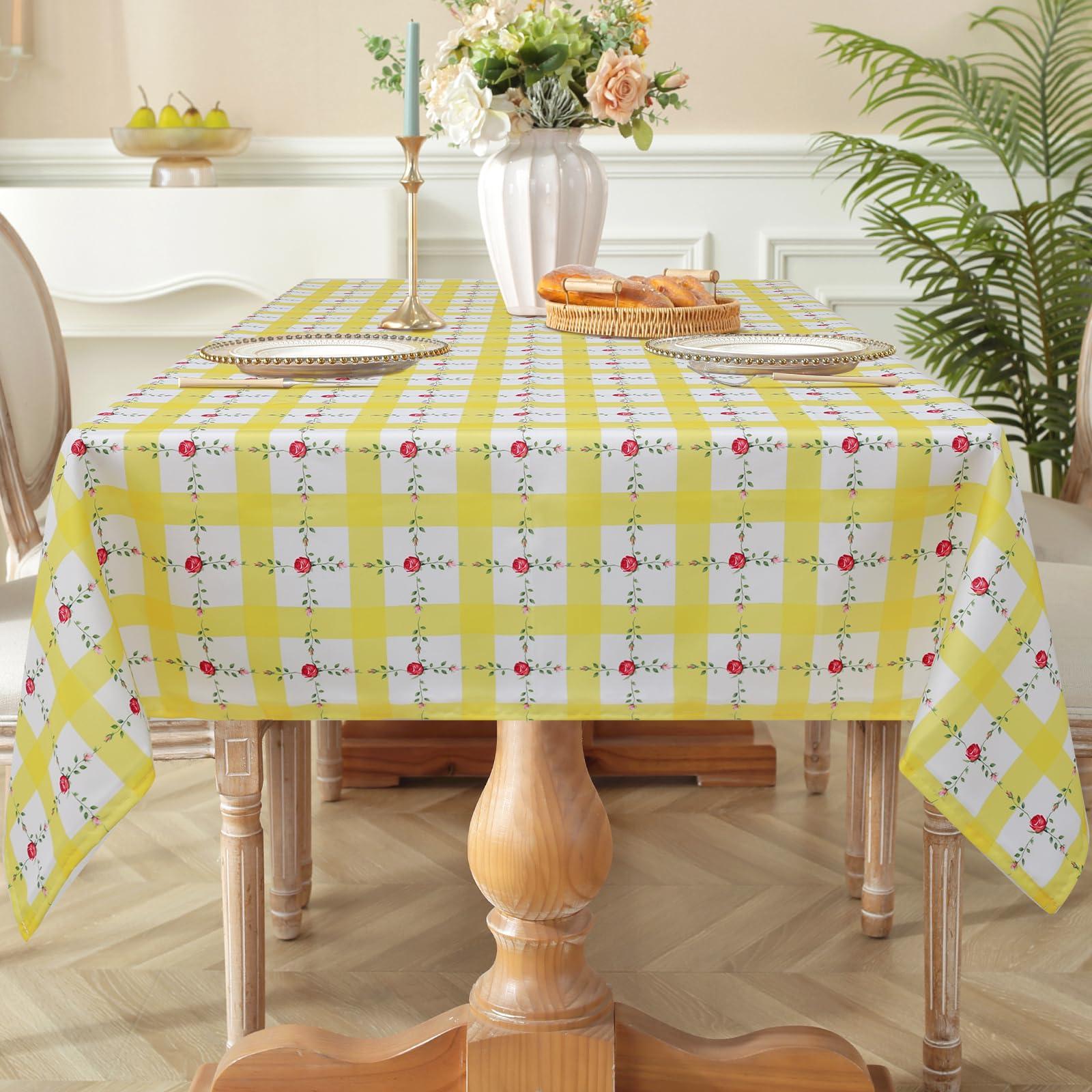 Arquiel Yellow Plaid Rose Tablecloth Spring Summer, Waterproof Rectangular Tablecloth Washable, Stain Resistant Cloth Table Cover for Party Picnic Dinner Decor (152x213cm) 3