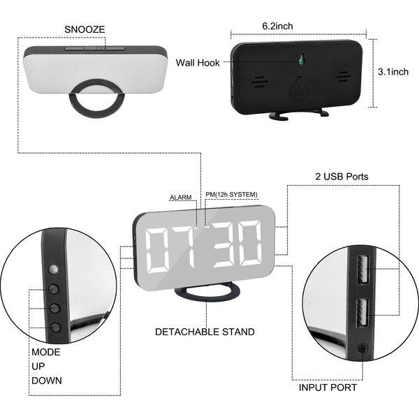 U-picks Digital Alarm Clock, 6.5 Inch Large LED Screen Alarm Mirror with Brightness Dimming Mode, Adjustable Brightness, 2 USB Charging Ports, Big Snooze Button for Home Decor Black 3