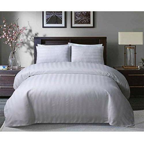 Sleepdown Soft Hotel Quality 250 THREAD COUNT POLYCOTTON Satin Stripe Duvet Cover Set With Pillowcases in White Colour(Super King) 0