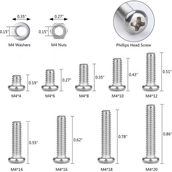 Loscrew 765PCS M4 Screws, Pan Head Screws Set Stainless Steel Bolts Nuts Flat Washers Machine Screws Kit 1