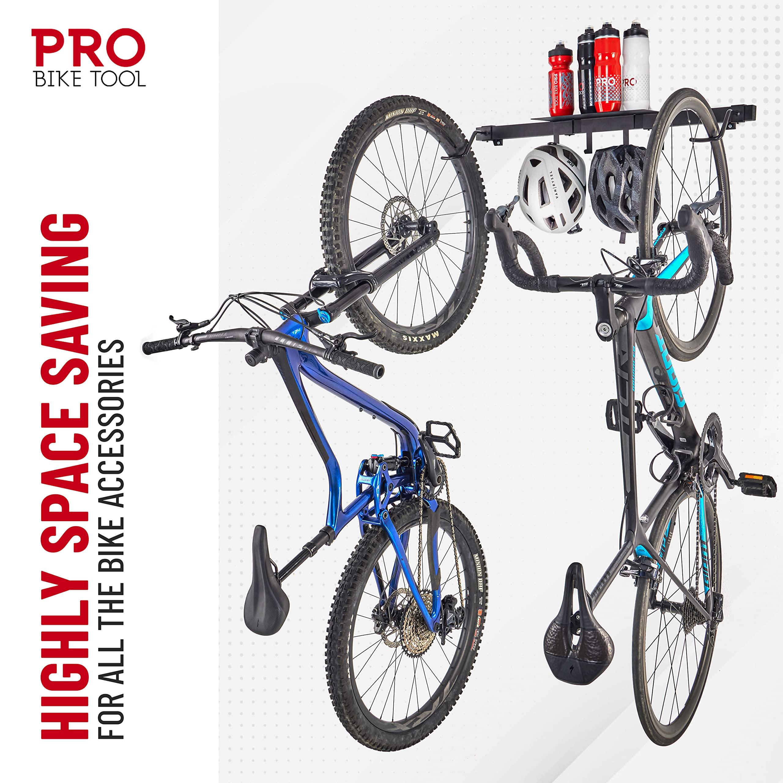 PRO BIKE TOOL Indoor Bike Rack and Shelf - Indoor Sliding Wall Mount for 2 Bicycle with Accessories Shelf for Home or Garage - Heavy Duty Hook and Shelving System - Vertical Hanger for Road or MTB 3