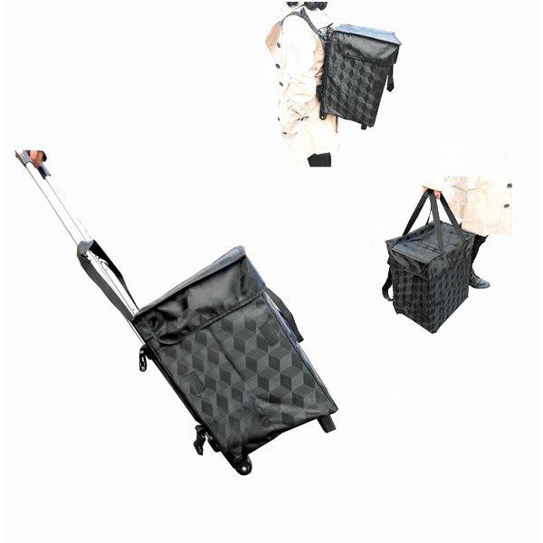 Fineget Foldable Shopping Trolley Grocery Cart Bag with Wheels Backpack Collapsible Folding Up Reusable Shoulder Utility Bag Straps Tubular for Women Men Beach Picnic Laundry School Teacher Black 0