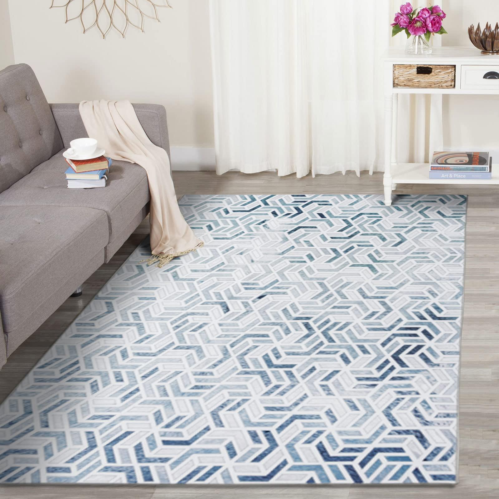 Taleta CORONADO Washable Rugs for Living Room Modern Area Rug Blue Non Slip Geometric Rug Large Rug for Bedroom Machine Washable Rug Soft Patchwork Faux Cowhide Carpet for Home (Multi, 120x170 cm) 1