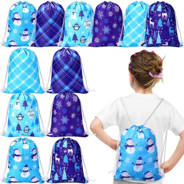 Xuniea 24 Pcs Winter Party Favors Bags Christmas Drawstring Backpack Snowflake Snowman Gift Bag Blue Elk Xmas Tree Candy Goodie Bag for Christmas Holiday Baby Shower Winter Theme Party Favor Supplies