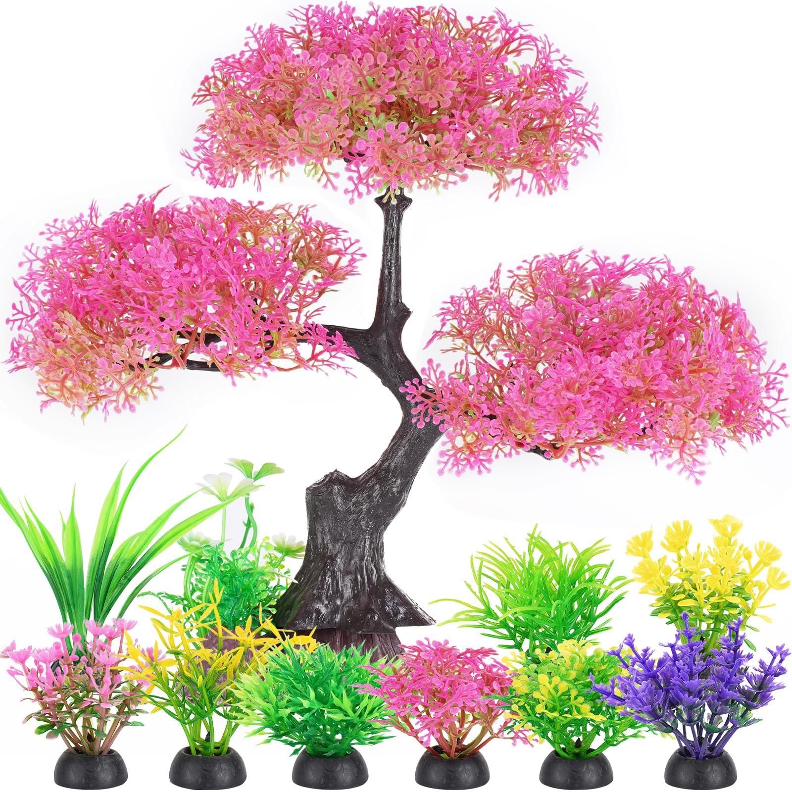 Borlech Aquarium Plastic Plants Artificial Decorations, Large Fish Tank Fake Tree Plant Decor Ornaments Accessories (Pink)