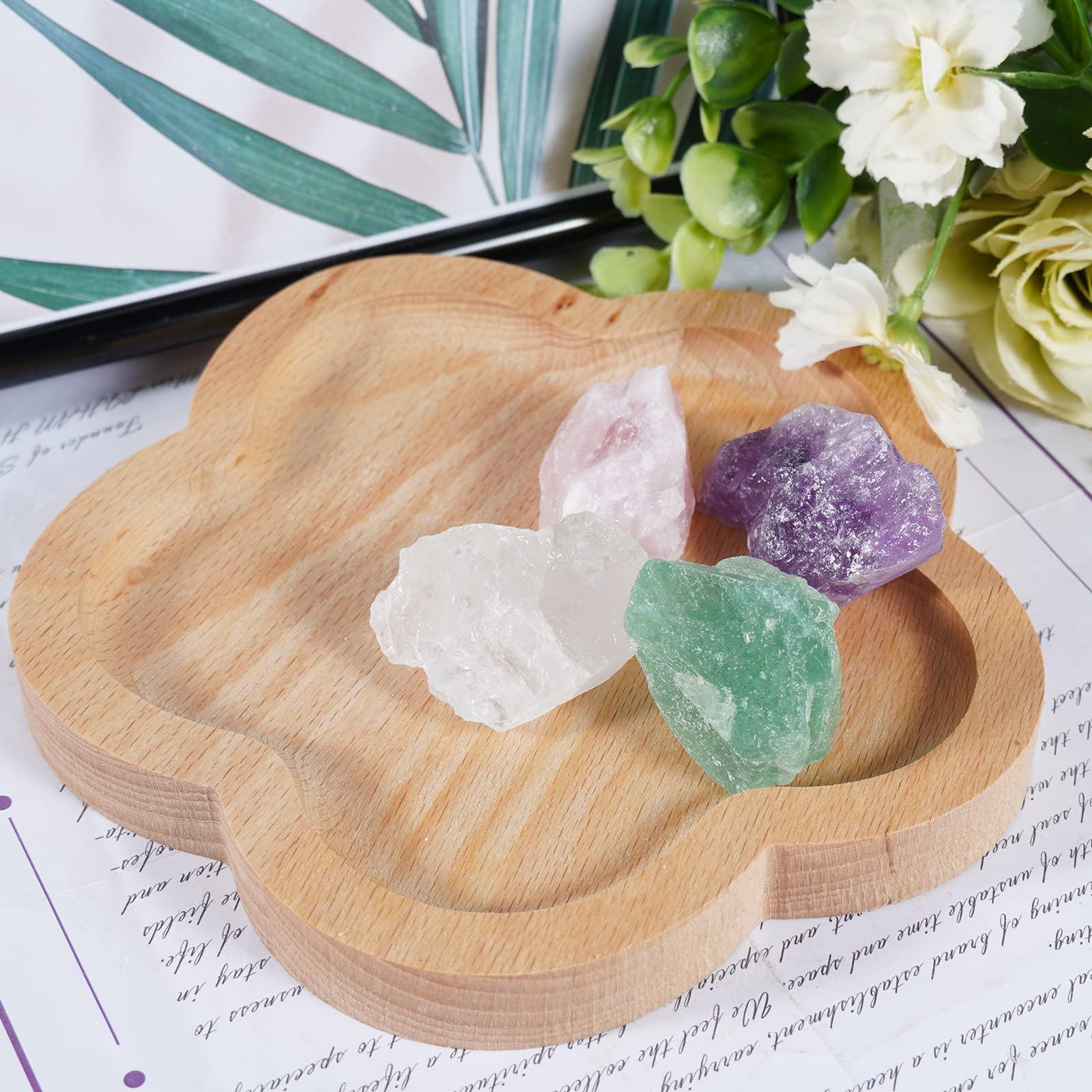 Soulnioi Wooden Decorative Tray For Crystal -Flower Shaped, 3pcs Essnetail Oils(Rose+Jasmine+Ylang), 4pcs Natural Raw Crystal(Rose Quartz+White Crystal+Amethyst+Fluorite), for Reiki Spiritual Healing 4