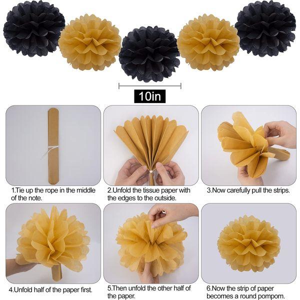 Party Decoration Birthday Festival Set - Huryfox 33pcs Black and Gold Bunting Decorations Paper Pom Poms Supplies Garland Hanging Honeycomb Balls Suitable for Holiday Garden Indoor Home Decor 1