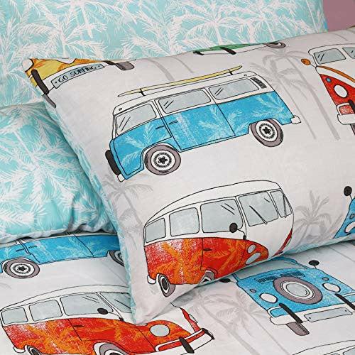 Sleepdown Reversible Printed Tropical Campervan Poly Cotton Duvet Quilt Cover Bedset, 3 Pcs - Double 3